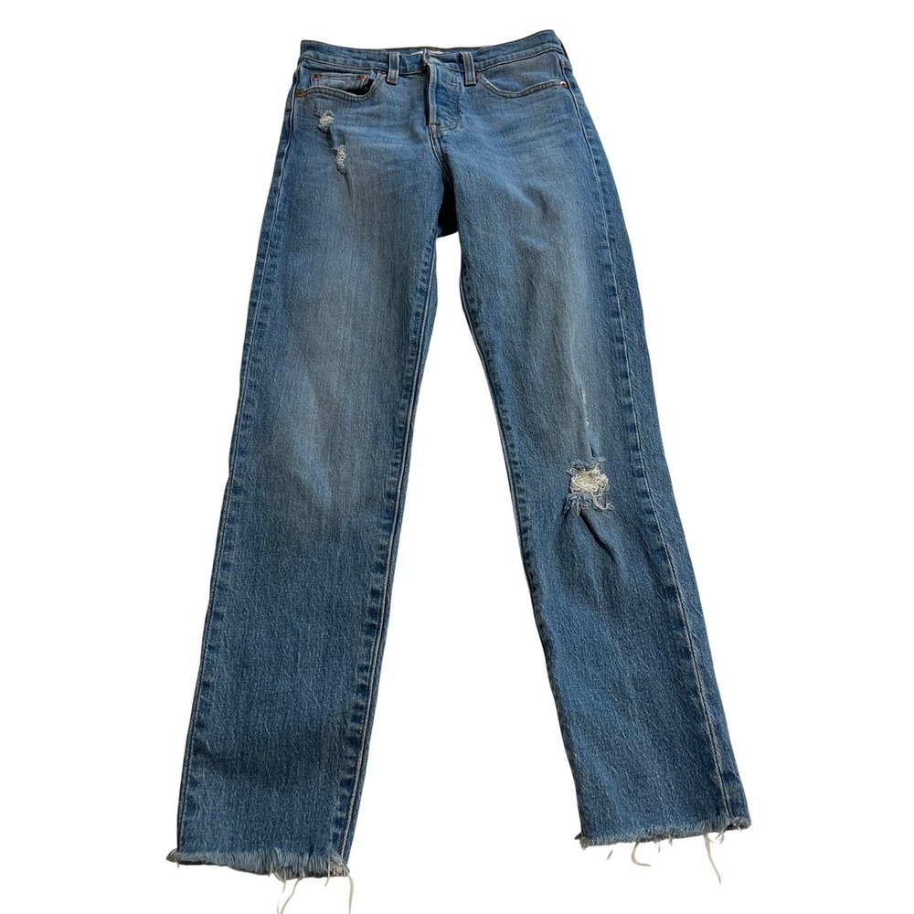 Levis Premium Wedgie Straight‎ Jeans Blue Distressed Raw Hem Women 25 25x26
